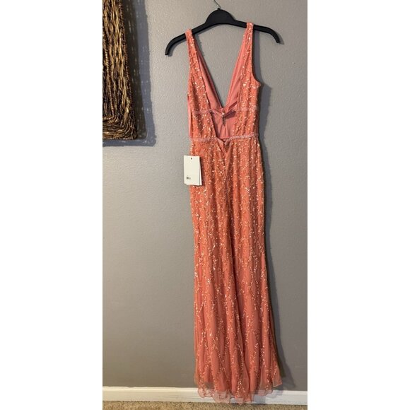 Mac Duggal 5669 Coral Pink 0 Sequin Plunge Neck Sleeveless Long Gown Dress NEW - Picture 9 of 16